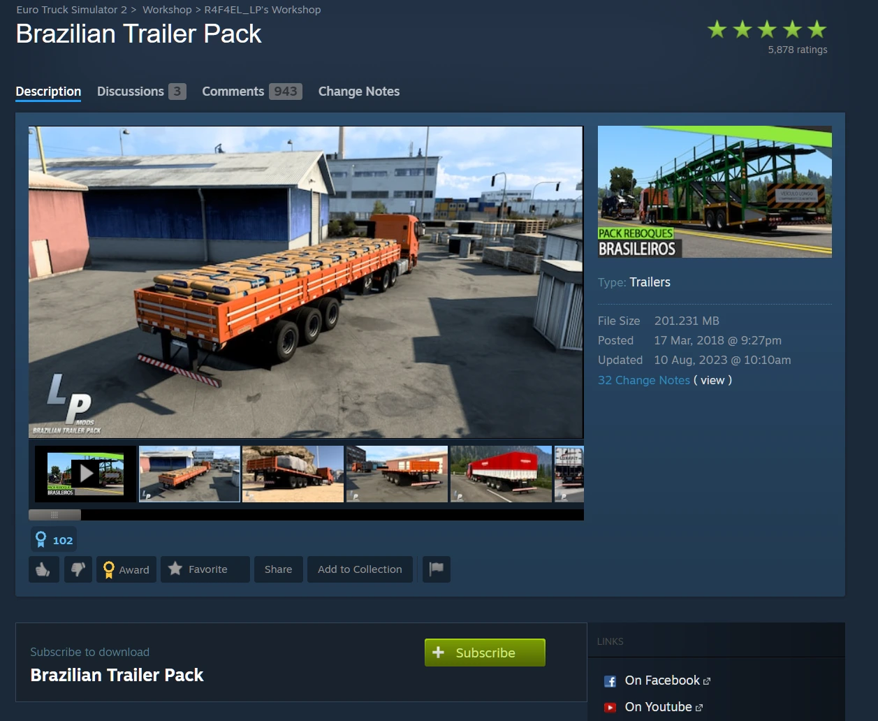 Archival screenshot of the Brazilian Trailers Steam Workshop page from the LPMods era, showing the trailer pack artwork, a 5,878 rating count and the last update in August 2023.
