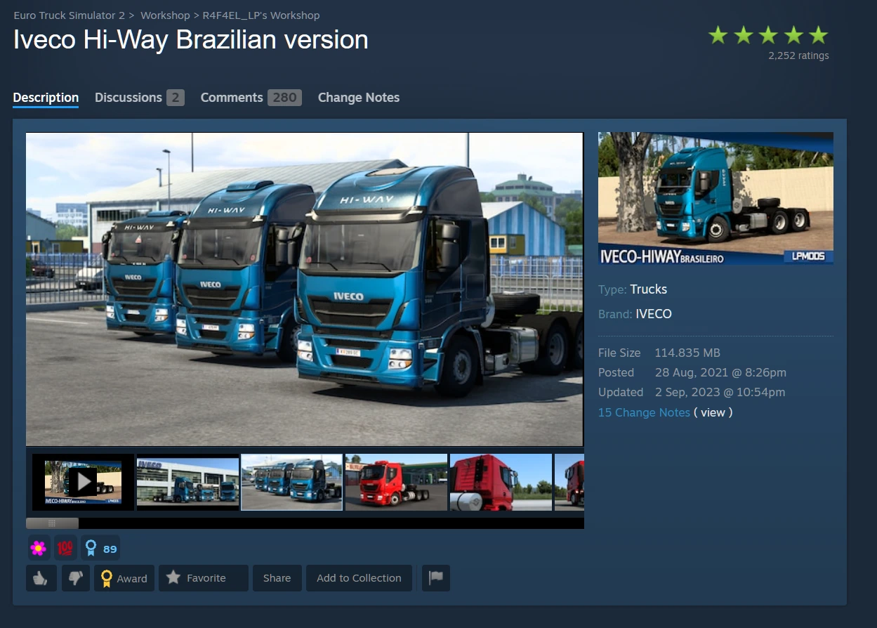 Archival screenshot of the Iveco Hi-Way Brazilian version Steam Workshop page, showing the truck artwork, a 2,252 rating count and the last update in September 2023.