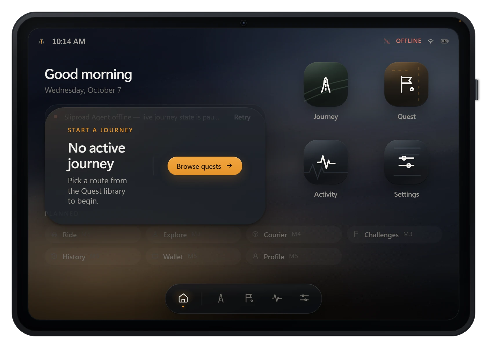 The SlipPad Home screen in landscape: the journey briefing card on the left, the app rail on the right.