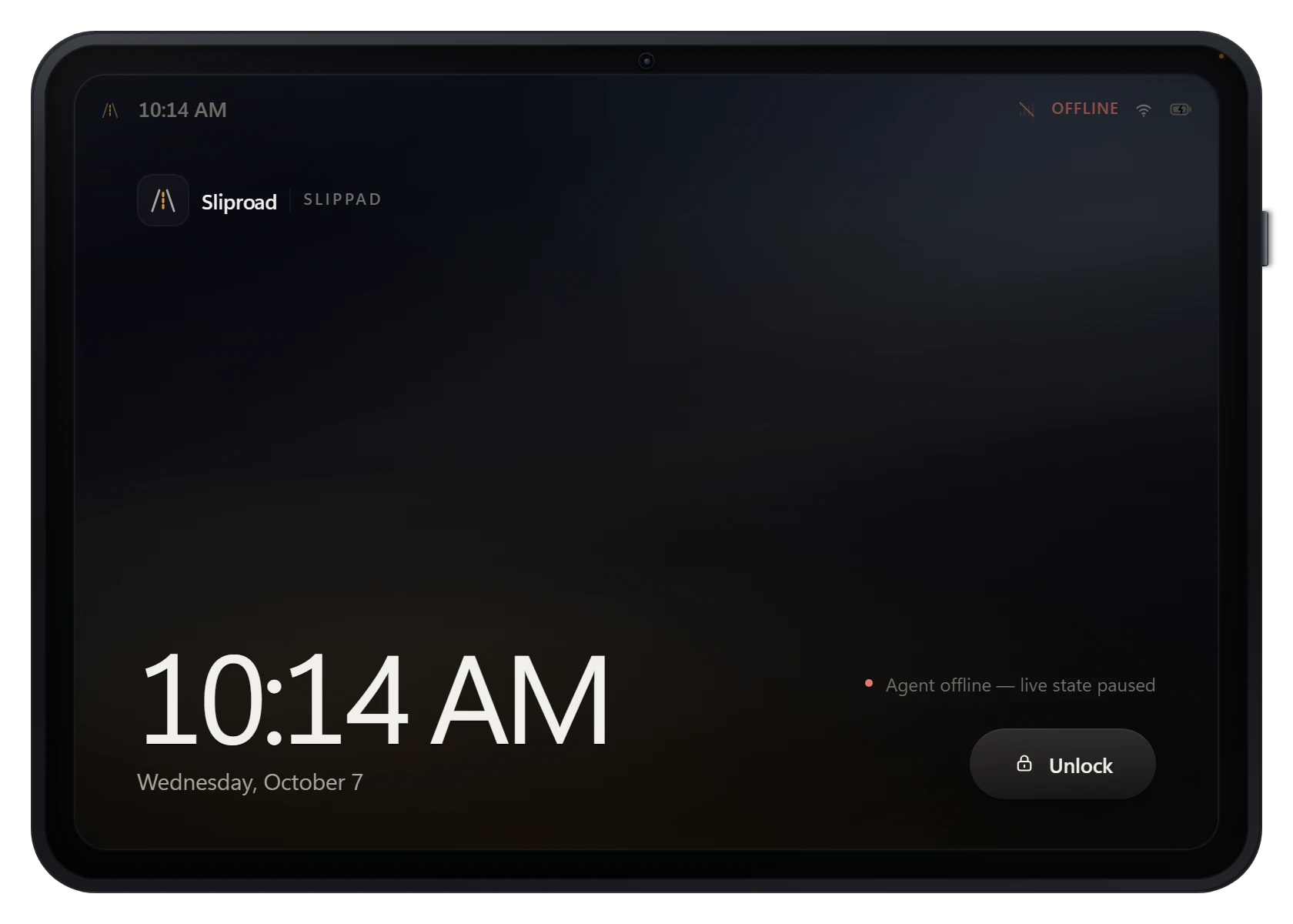 The SlipPad in landscape orientation on its lock screen, with the current time and date.